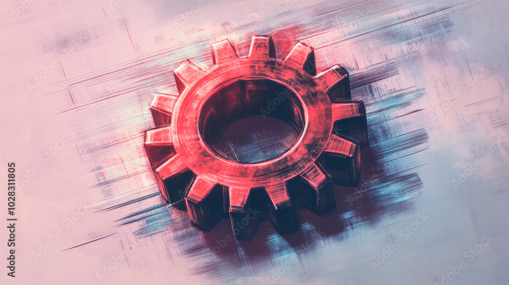 Poster a simple, 80s-style drawing of a gear with a glitch effect. it's meant to represent a machine engine