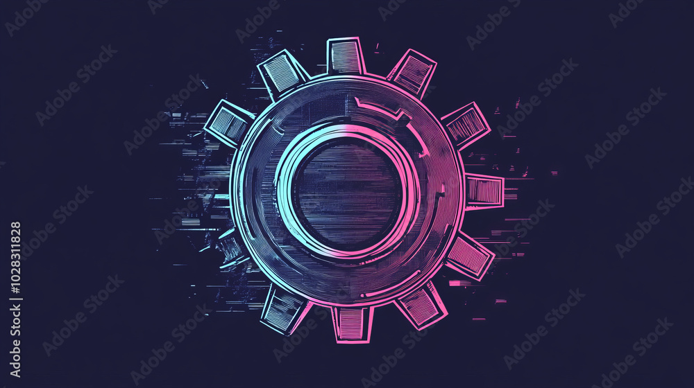 Poster a simple, 80s-style drawing of a gear with a glitch effect. it's meant to represent a machine engine