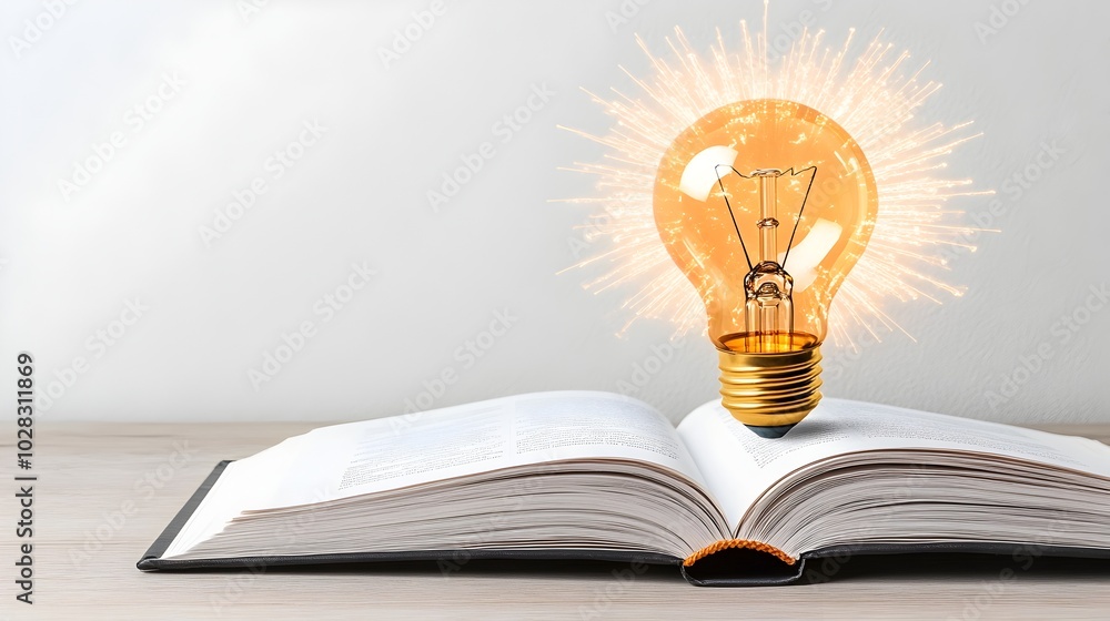 Poster glowing lightbulb above open textbook symbolizing idea concept in 3d