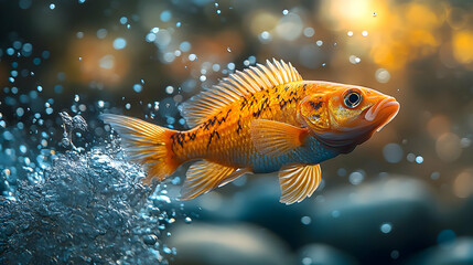 Fototapeta premium Orange Fish Jumping Out of Water with Water Droplets Realistic Image
