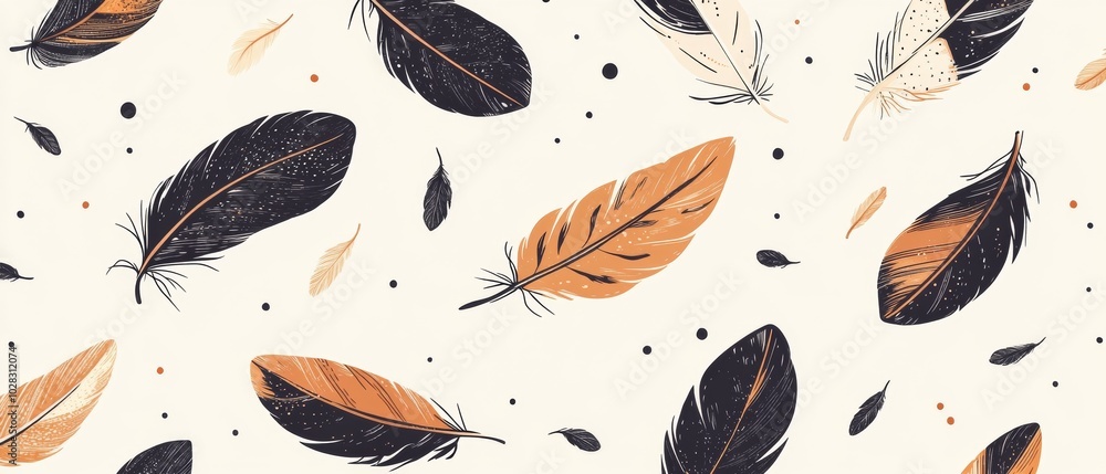 Poster a pattern of feathers with some black and orange feathers