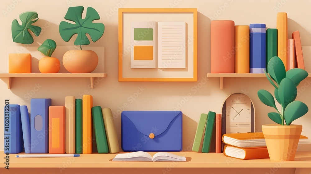 Poster vibrant 3d of a bookshelf filled with textbooks and journals