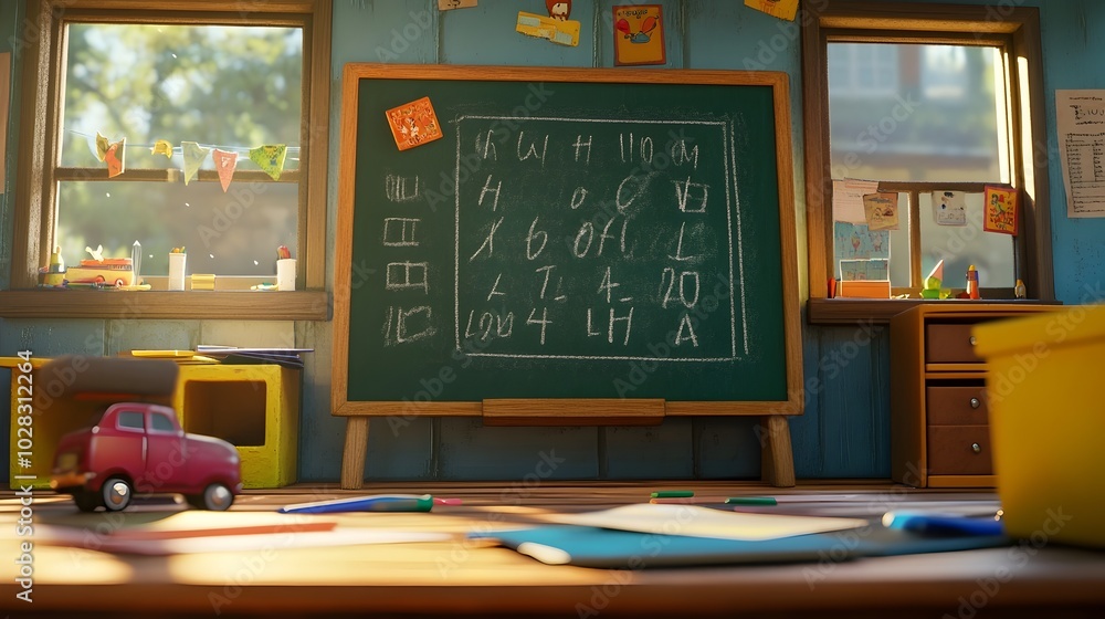 Poster chalkboard with alphabet and numbers in elementary school classroom,3d