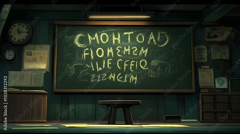 Poster chalkboard with alphabet and numbers in elementary school classroom 3d