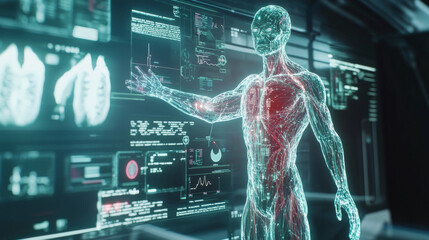 A futuristic vision of healthcare, with a digital interface merging the human body and technology.  The design uses high-tech elements to visualize the future of health monitoring.