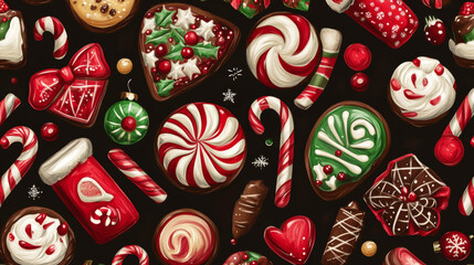 Seamless pattern design featuring Merry and Bright Christmas treats.



