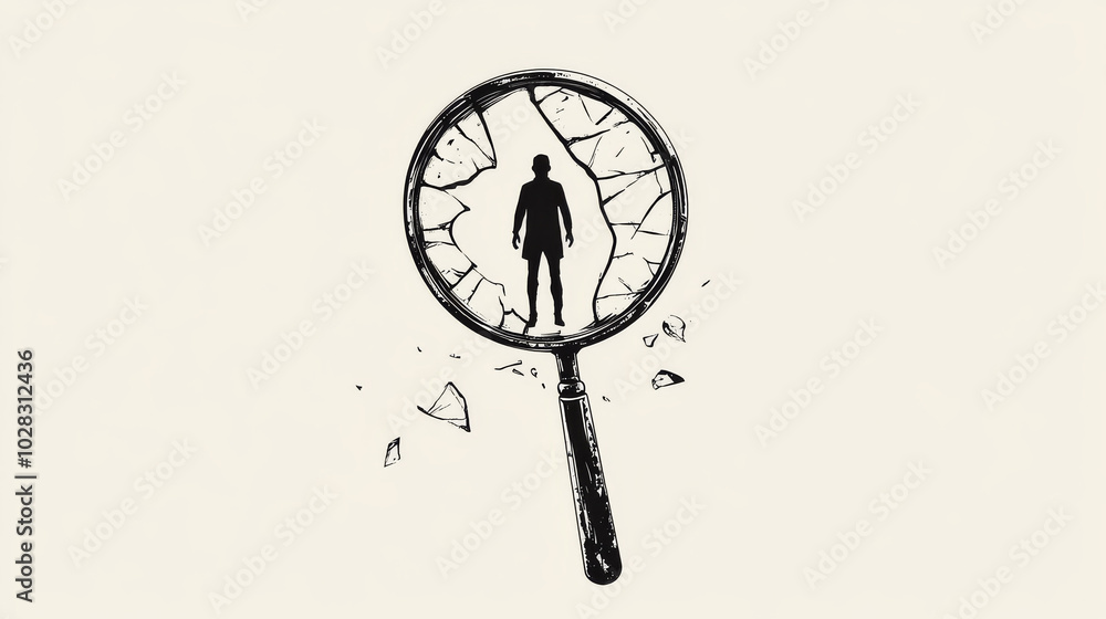 Aufkleber a broken magnifying glass with a person inside. this simple line drawing shows the idea of searching