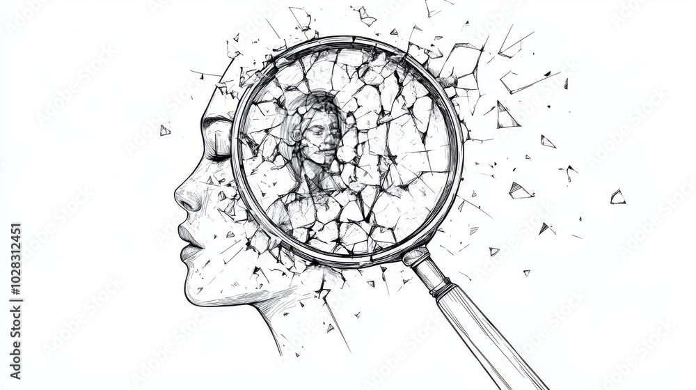 Poster a broken magnifying glass with a person inside. this simple line drawing shows the idea of searching