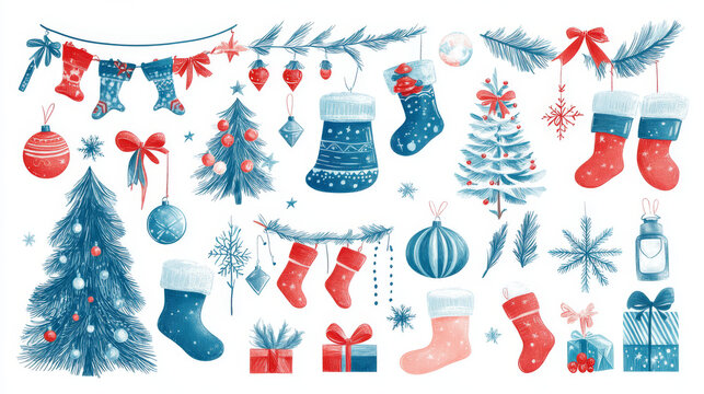 Illustration set of festive Christmas decorations featuring Christmas trees, bells, stockings, string lights, ornaments, baubles, lanterns, snowflakes, gifts, ribbons, and more. Hand-drawn vector illu