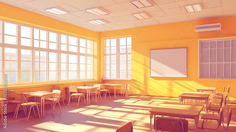 Poster whiteboard with markers and eraser in a modern 3d classroom setting