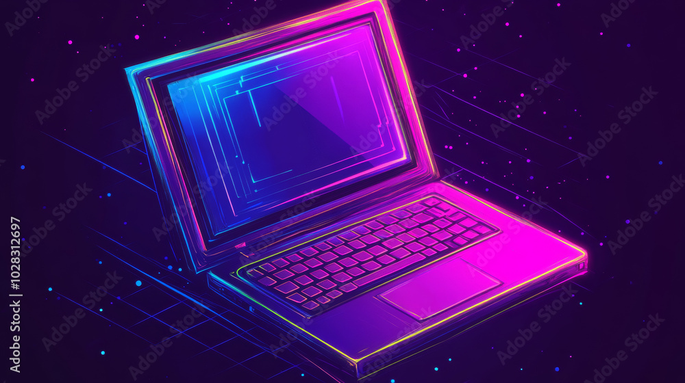 Poster a simple, line-art icon showing a laptop with a glitched screen and a blinking cursor. it's a retro,