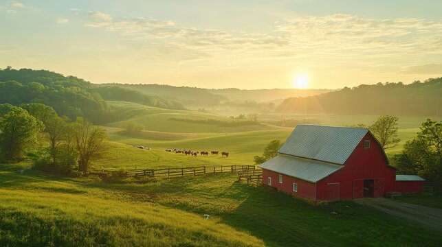 American Countryside Aerial View. Rural Farm with Red Barn, Cows Grazing in Pasture