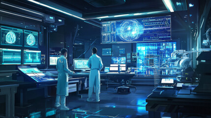 This image represents the future of healthcare, showing how technology like computers and digital tools are being used by doctors to improve medical care and find new treatments.