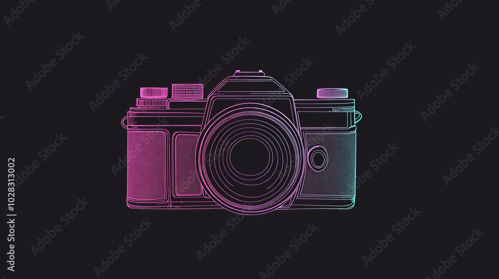 Poster a simple, 80s-style line drawing of a camera with a glitch effect. it's designed to look like an out