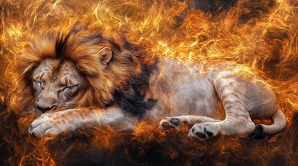 Naklejka premium Animal Kingdom: Majestic Lion in African Wilderness with Artistic Background