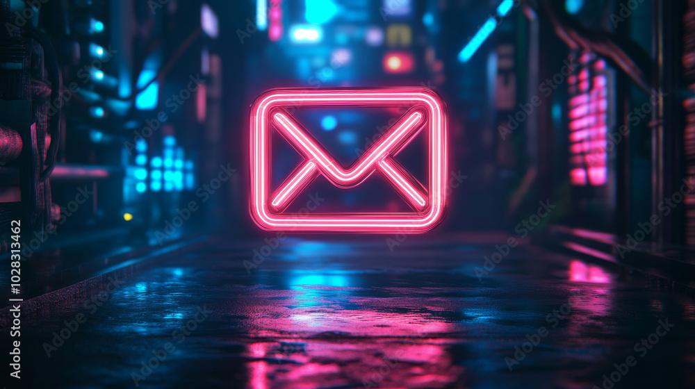 Poster a simple, stylish outline drawing of an email symbol, designed in a retro 80s cyberpunk style. it's 