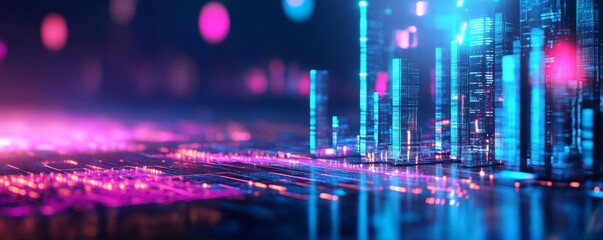 Cyber blockchain economy, floating holographic elements, dark futuristic cityscape, neon blue