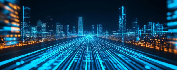 Fototapeta premium Cyber blockchain evolution, holographic data paths, modern tech city, neon blue lights