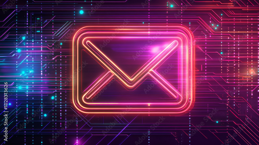 Poster a simple, stylish outline drawing of an email symbol, designed in a retro 80s cyberpunk style. it's 