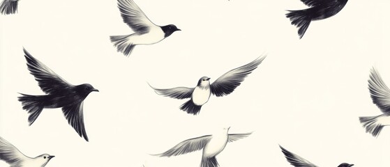 Obraz premium A black and white drawing of birds flying in a pattern