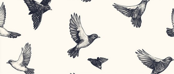Obraz premium A black and white drawing of birds flying in a pattern