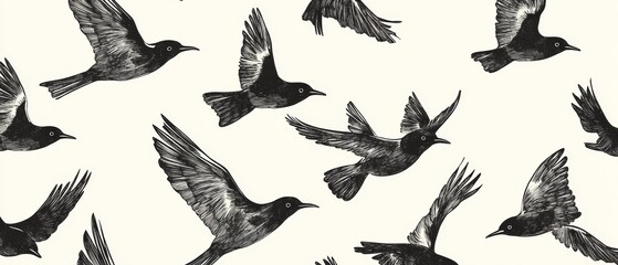 Fototapeta premium A black and white drawing of birds flying in a pattern