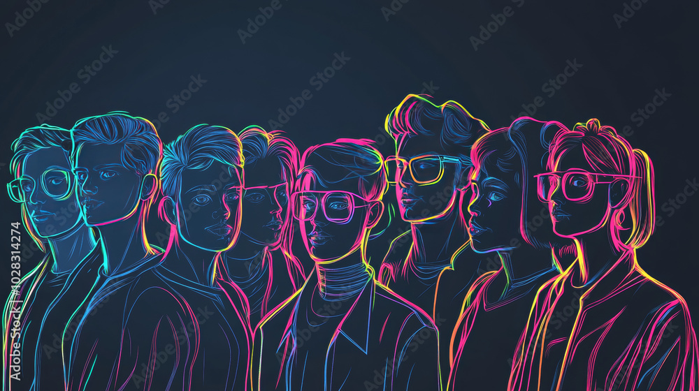 Poster a group of people represented as simple line drawings, styled in a retro 80s cyberpunk aesthetic. th