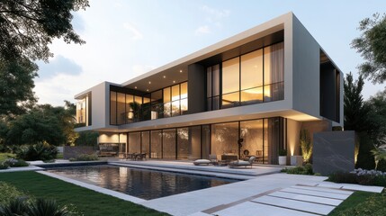 A two-story villa. In Dubai. by Hooshang Seyhoun. Modern style. This villa has large floor-to-ceiling windows. Arabic concept with geometrical line