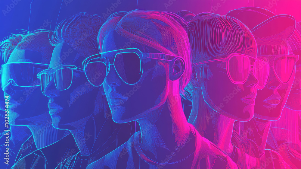 Poster a group of people represented as simple line drawings, styled in a retro 80s cyberpunk aesthetic. th