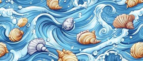 A blue ocean with a wave and a bunch of shells