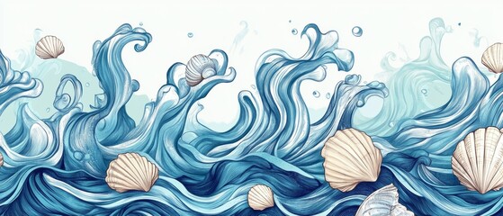 Fototapeta premium A painting of a wave with shells in the water