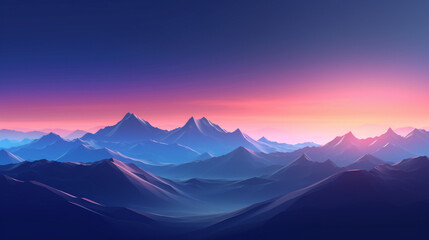 A serene landscape depicting layers of mountain ridges and silhouetted pine trees under a gradient sky of sunrise hues, casting a tranquil Layered mountain silhouettes beneath a gradated evening sky, 