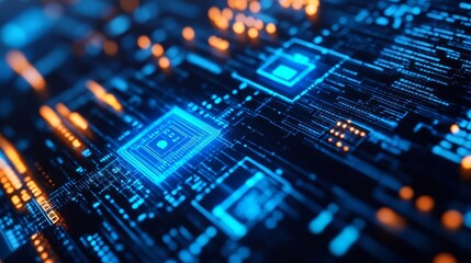 Fototapeta premium Digital blockchain smart cities, blue holograms, modern futuristic backdrop, cyber accents