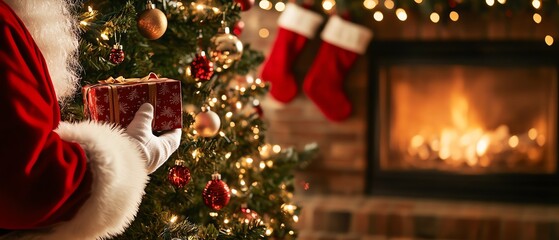 Santa holding a gift by the Christmas tree