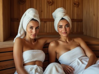 Two women relaxing in a sauna wearing white towels and head wraps, sitting on wooden benches in a spa environment

