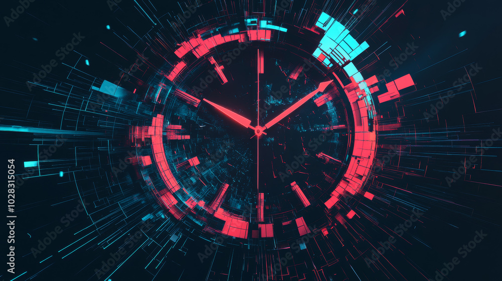 Poster a simple, stylish clock icon with a broken or glitched look. it's designed in the 80s cyberpunk styl