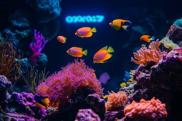 Vibrant underwater scene with colorful fish swimming among corals. A magical aquarium world filled with vivid colors and life. Perfect for marine enthusiasts. Generative AI