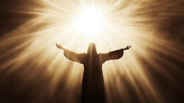 Silhouette of jesus christ surrounded by rays of light symbolizing the concept of resurrection