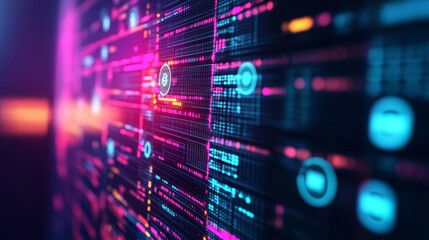 Digital finance blockchain, floating holographic icons, neon cyber ambiance, dark tones