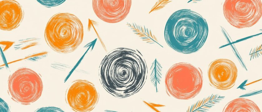 A colorful abstract painting with circles and arrows