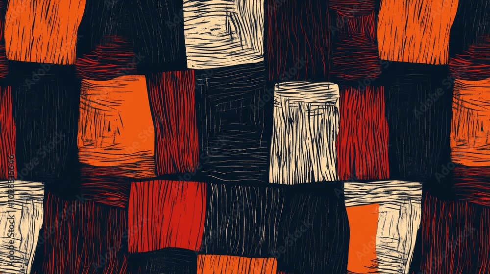 Aufkleber a black and orange patterned background with a red square in the middle