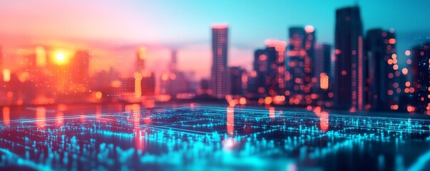 Fototapeta premium Digital twin technology, blockchain-enabled holograms, modern city backdrop, neon blue tones