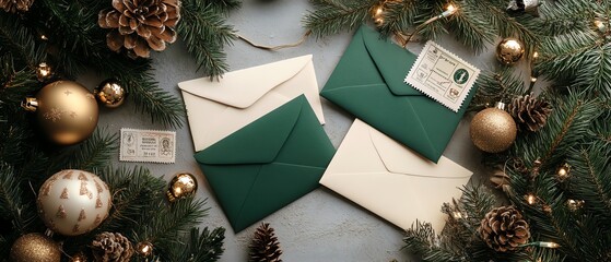 Festive envelopes with ornaments and pine.