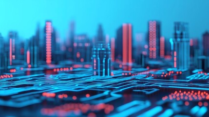 Digital twin technology, blockchain-enabled holograms, modern city backdrop, neon blue tones