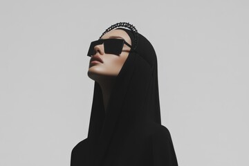 Fashion model posing in black hood and sunglasses looking up - Powered by Adobe