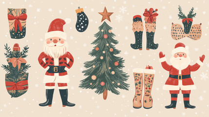 Fototapeta premium Wishing you a Merry Christmas and a Happy New Year! Vector illustrations featuring a nutcracker, Christmas tree, Santa Claus, felt boots, and festive decorations for use in backgrounds, postcards, pos
