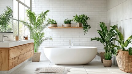 Fototapeta premium Bright modern bathroom with a freestanding bathtub, potted plants, white tiled walls, large window, and wooden vanity units.