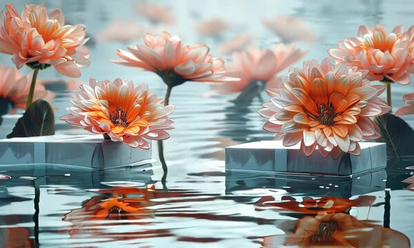 a boxes over some orange flowers floating on a water, in the style of kimoicore, ultra realistic, kaja foglio, illustrated advertisements, light silver and pink, rico lebrun, avian-themed