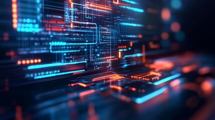 Fototapeta premium Futuristic blockchain visuals, glowing holographic elements, modern urban backdrop