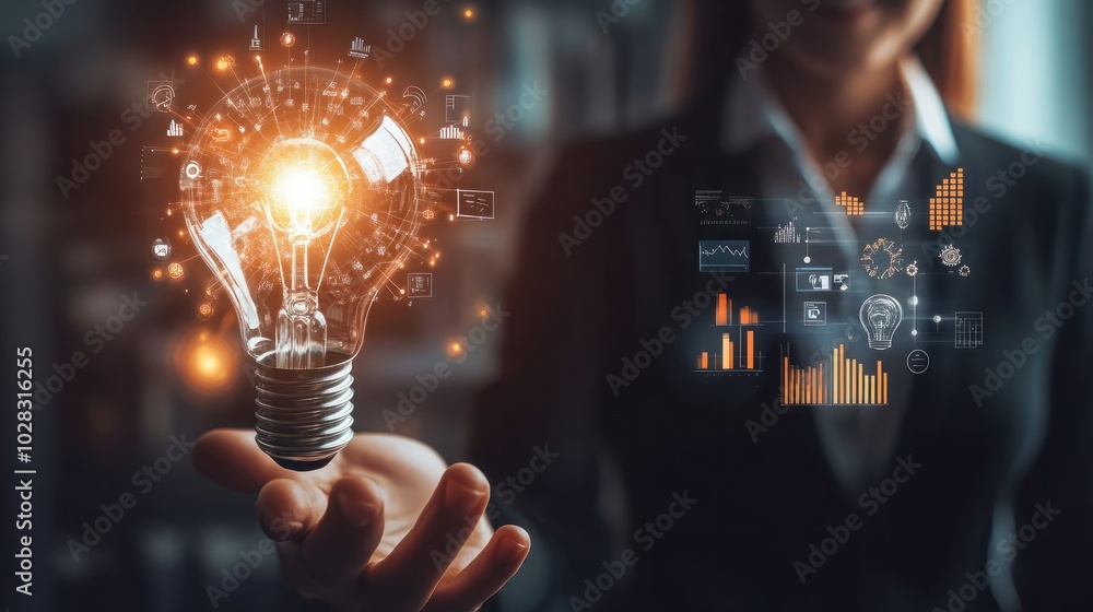 Poster businessman holding creative light bulb with growth graph, analytics icons. utilizing analytics tech